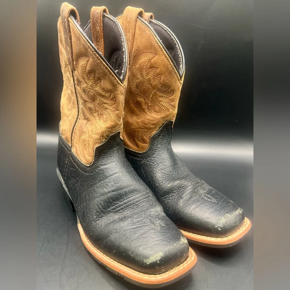 Dan Post-Black/Brown Cowboy Boots-Little River Youth Size:2.5D,Toe polish needed